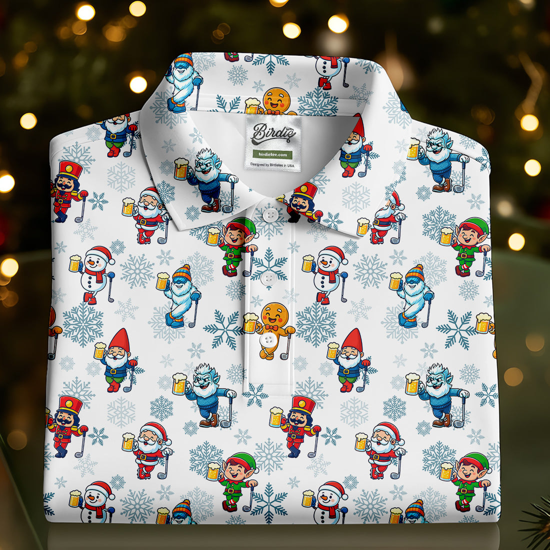 Christmas Characters Golf And Beer White Men's Funny Golf Shirts, Christmas Golf Shirt, Polo Shirts For Men