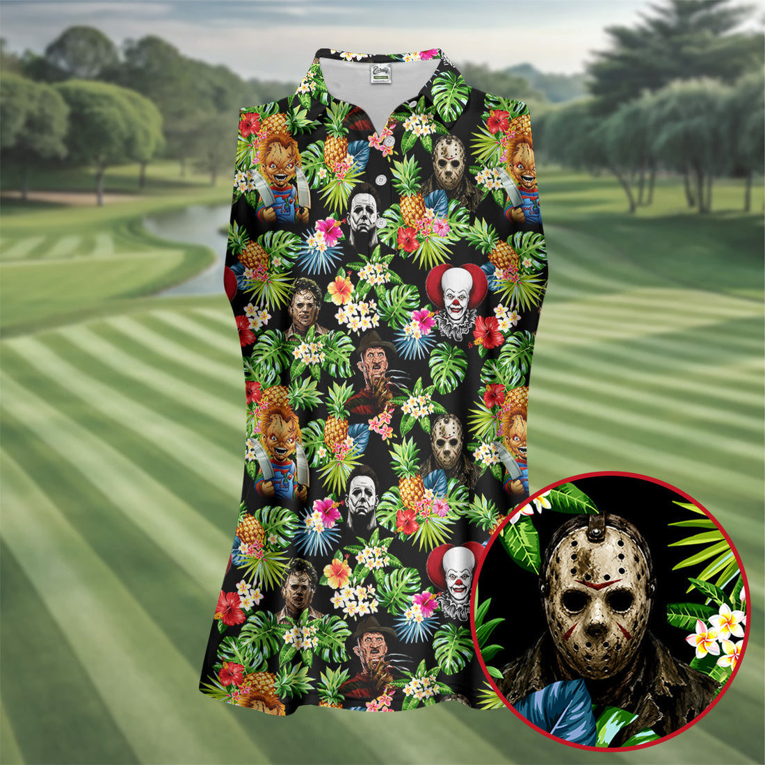 Tropical Horror Character Halloween Golf Shirt, Women's Golf Apparel, Printed Golf Shirt
