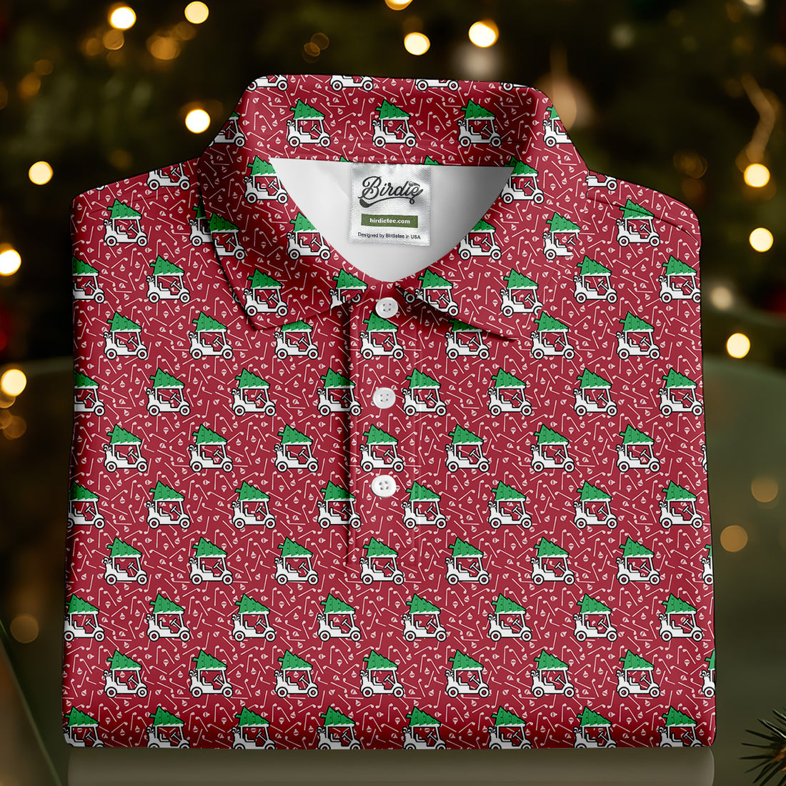 Christmas Golf Cart Pattern Red Men's Golf Tops, Christmas Golf Shirt, Polo Shirts For Men