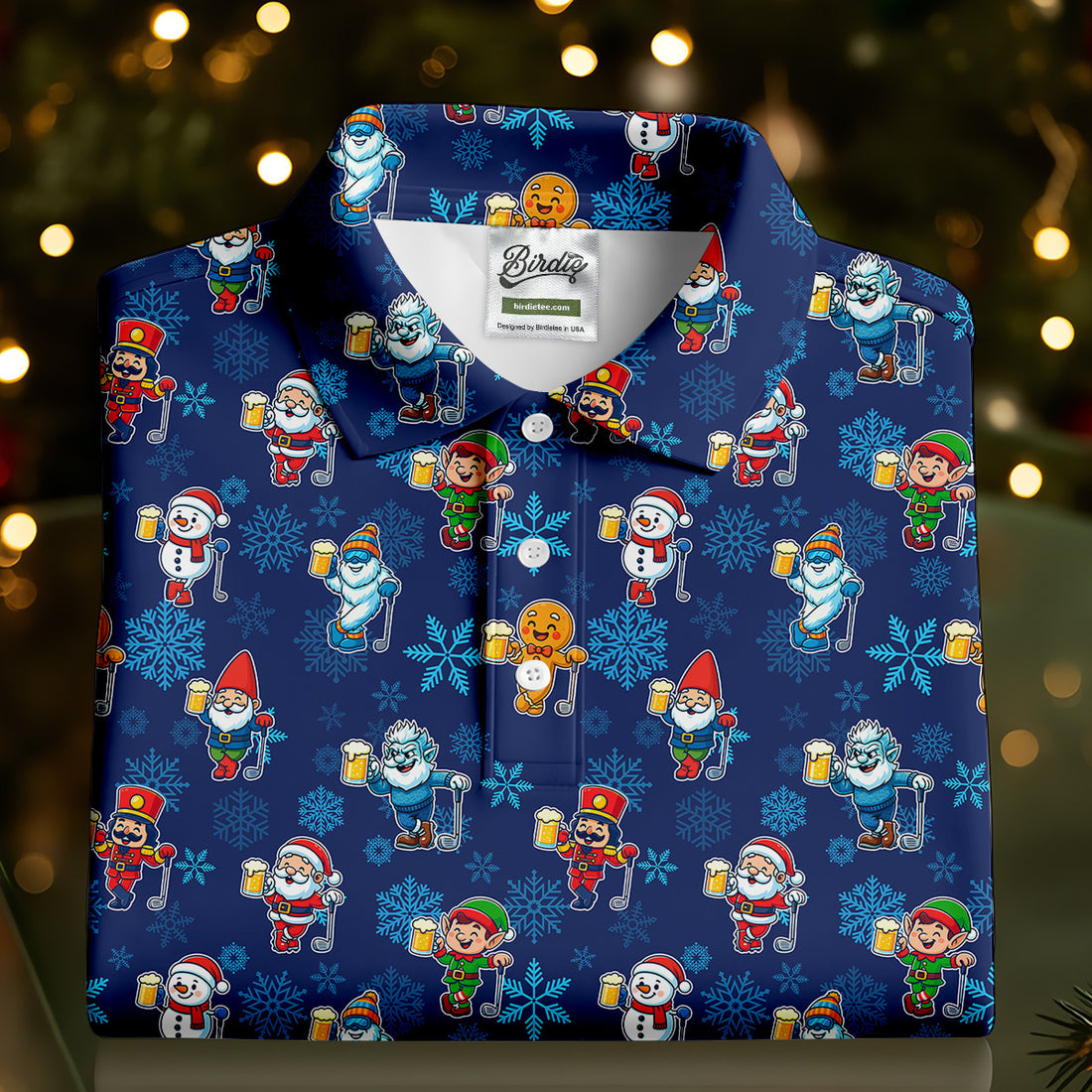Christmas Characters Golf And Beer Navy Men's Funny Golf Shirts, Christmas Golf Shirt, Polo Shirts For Men
