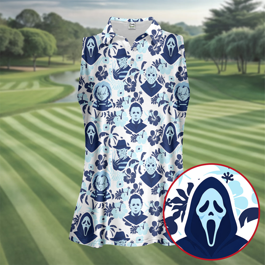 Blue Tropical Horror Character Halloween Golf Shirt, Women's Golf Apparel, Printed Golf Shirt