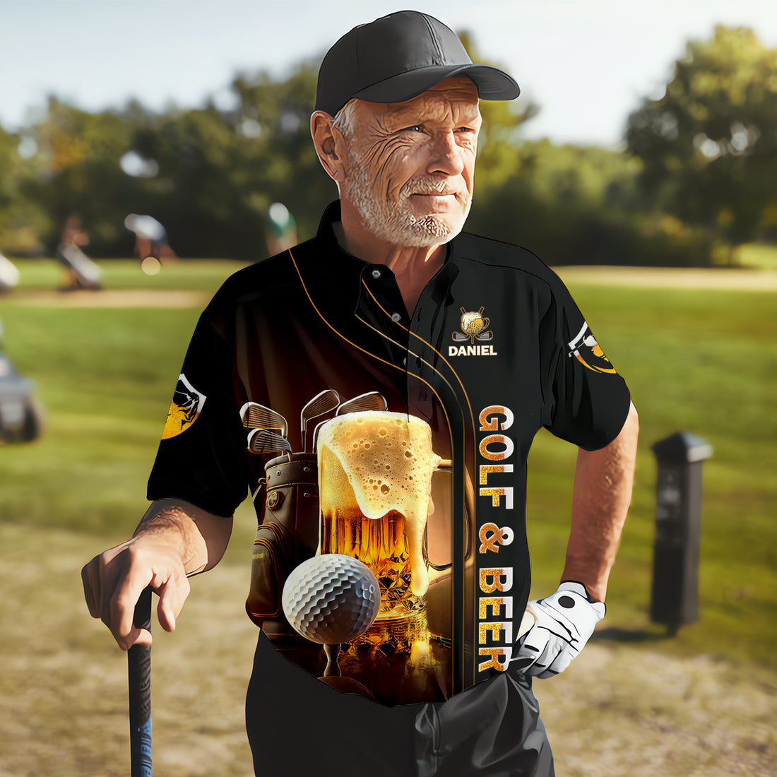 Happiness Is An Old Man With A Beer And A Golf Club Custom Funny Golf Polo Shirt, Dad Golf Gifts