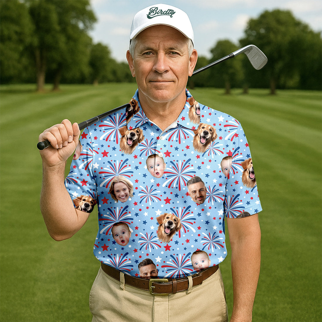 4th Of July Custom Shirts With Faces, Patriotic Golf Shirt, Men's Golf Polo Shirt, USA Golf Shirt