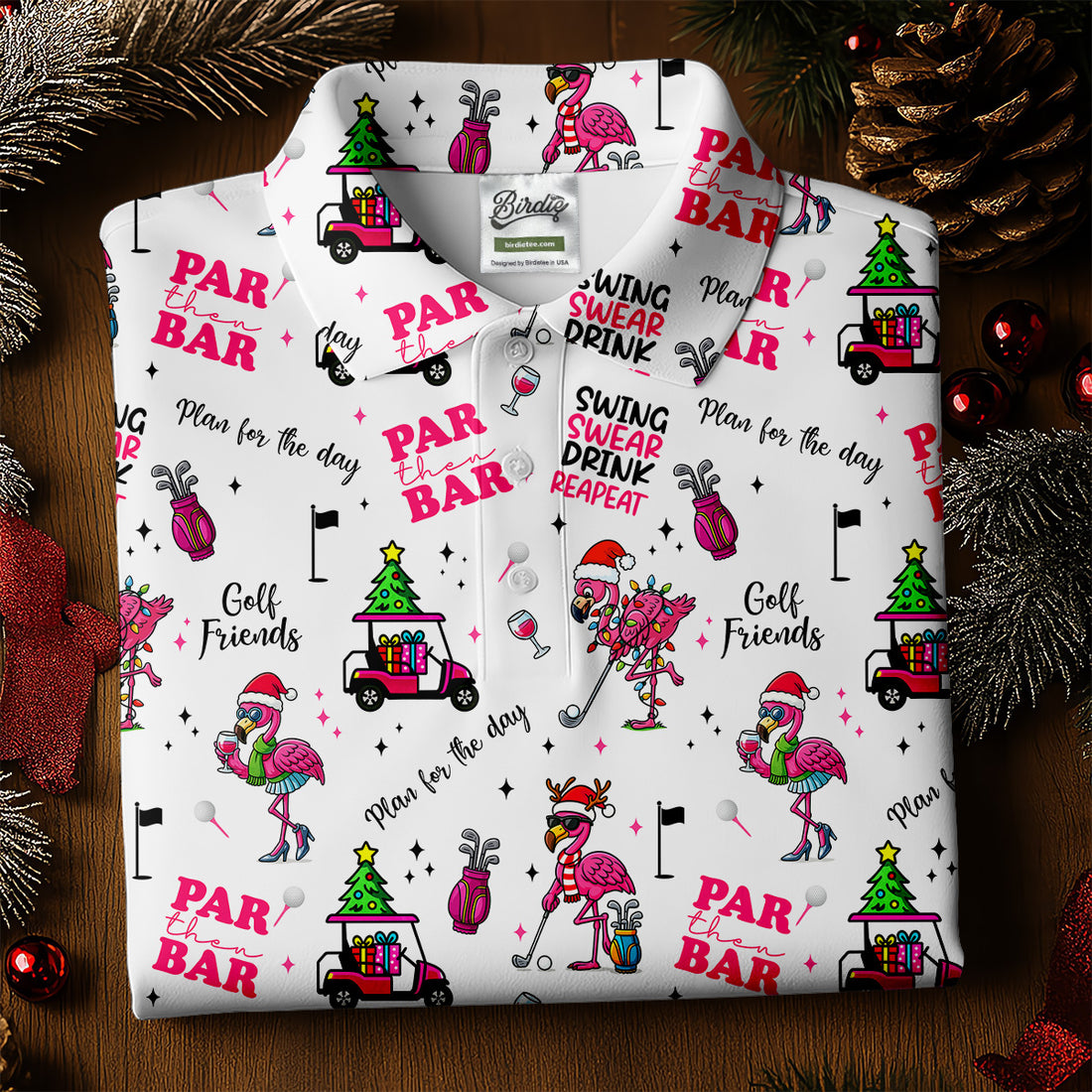 Christmas Flamingo Par Then Bar Men's Funny Golf Shirts, Christmas Golf Shirt, Polo Shirts For Men, Golf Gift For Men