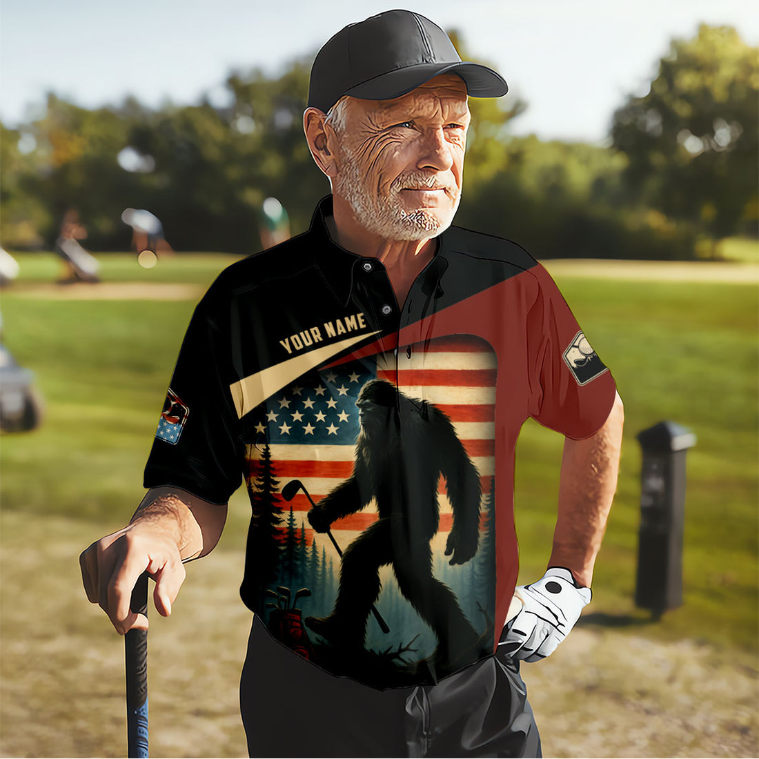 Bigfoot Golf Shirt, Patriotic Golf Polo Shirts, Men's Long Seeve Golf Shirts, Golf Gifts For Men