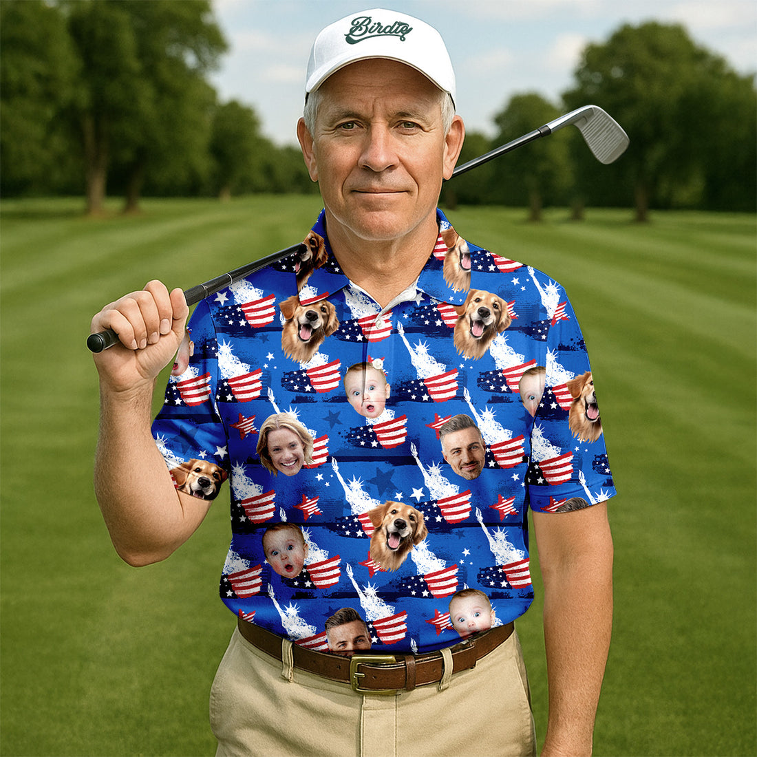 American Flag Funny Custom Face Shirt, Men's Golf Polo Shirt, Men's 4th Of July Shirts, USA Golf Shirt