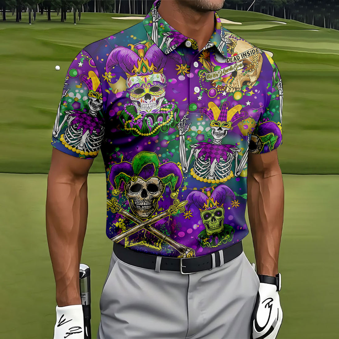 Dead Inside Mardi Gras Festival Skull Purple Green Gold Polo Shirts For Men, Golf Shirts For Men