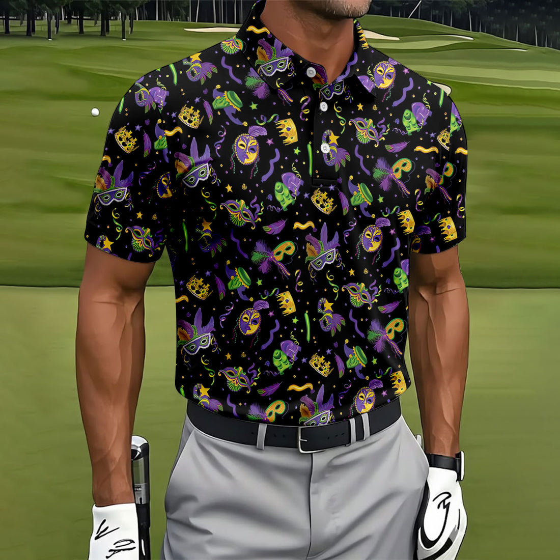 Mardi Gras Golf Golf Polo Shirts, Mardi Gras Black Golf Shirt, Golf Tops For Men