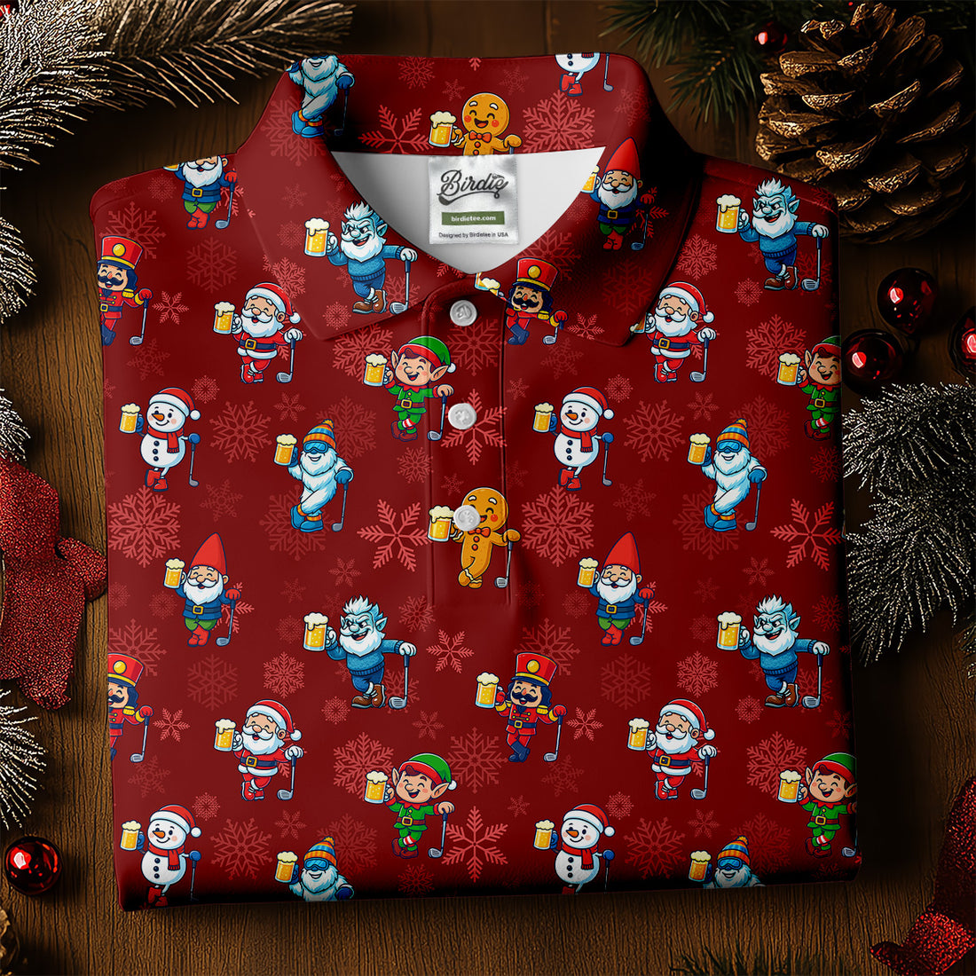 Christmas Characters Golf And Beer Red Men's Funny Golf Shirts, Christmas Golf Shirt, Polo Shirts For Men