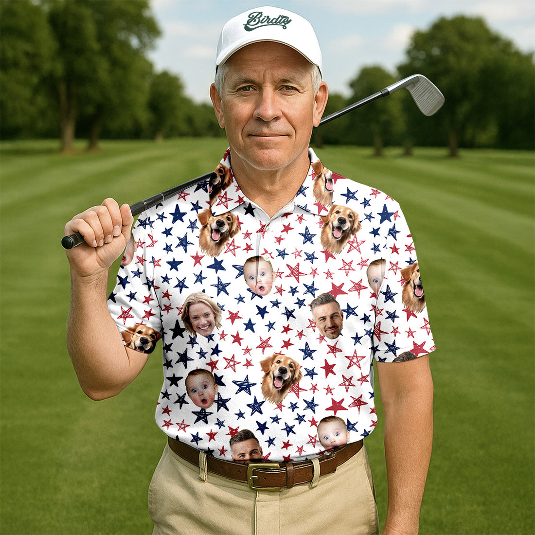 Patriotic USA Custom Shirts With Faces, Men's Golf Polo Shirt, American Flag Golf Shirt, Funny Fourth Of July Shirts
