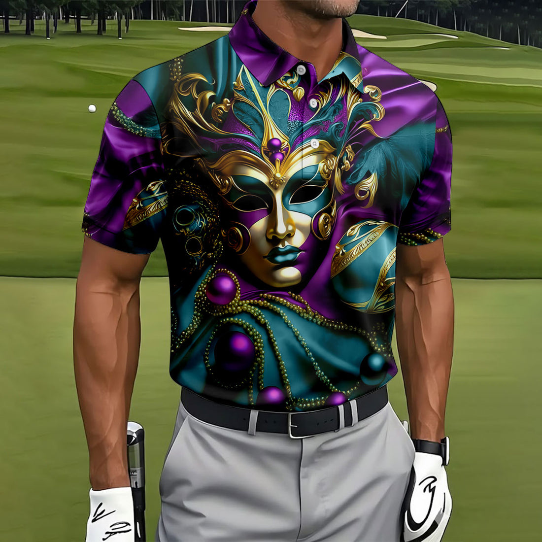 Mardi Gras Face Mask Turquoise Golf Shirt, Polo Shirts For Men, Golf Shirts For Men, Polo For Men