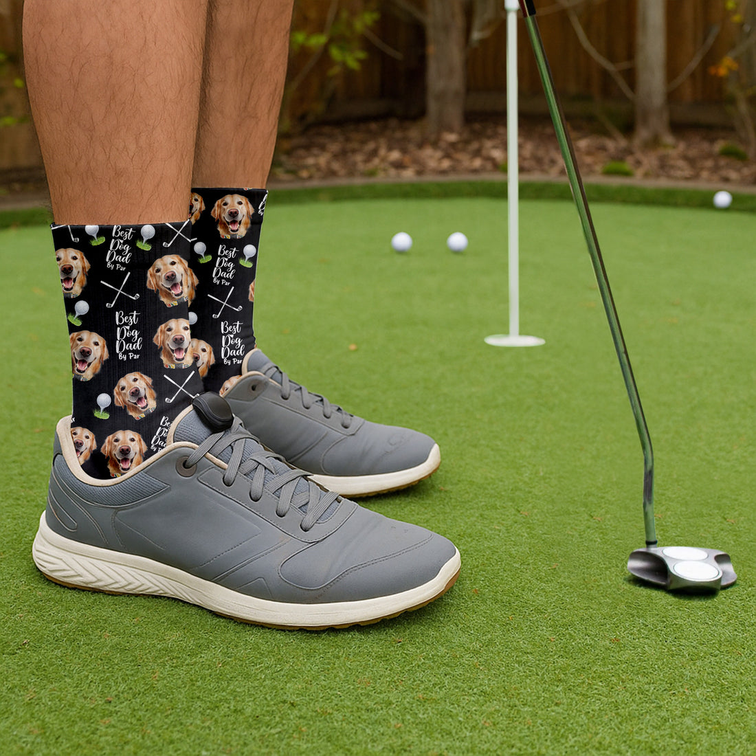 Best Dog Dad By Par Socks With Dog Face, Custom Pet Socks, Funny Crew Socks, Dad Golf Gift