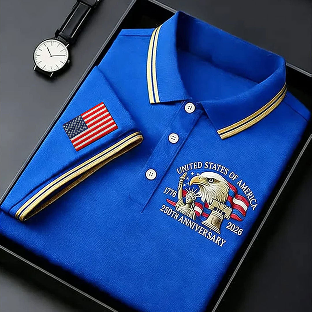 Bald Eagle American Flag 250 Years Men's Golf Shirt, Patriotic 4th Of July Golf Shirts For Men, Patriotic Golf Shirt