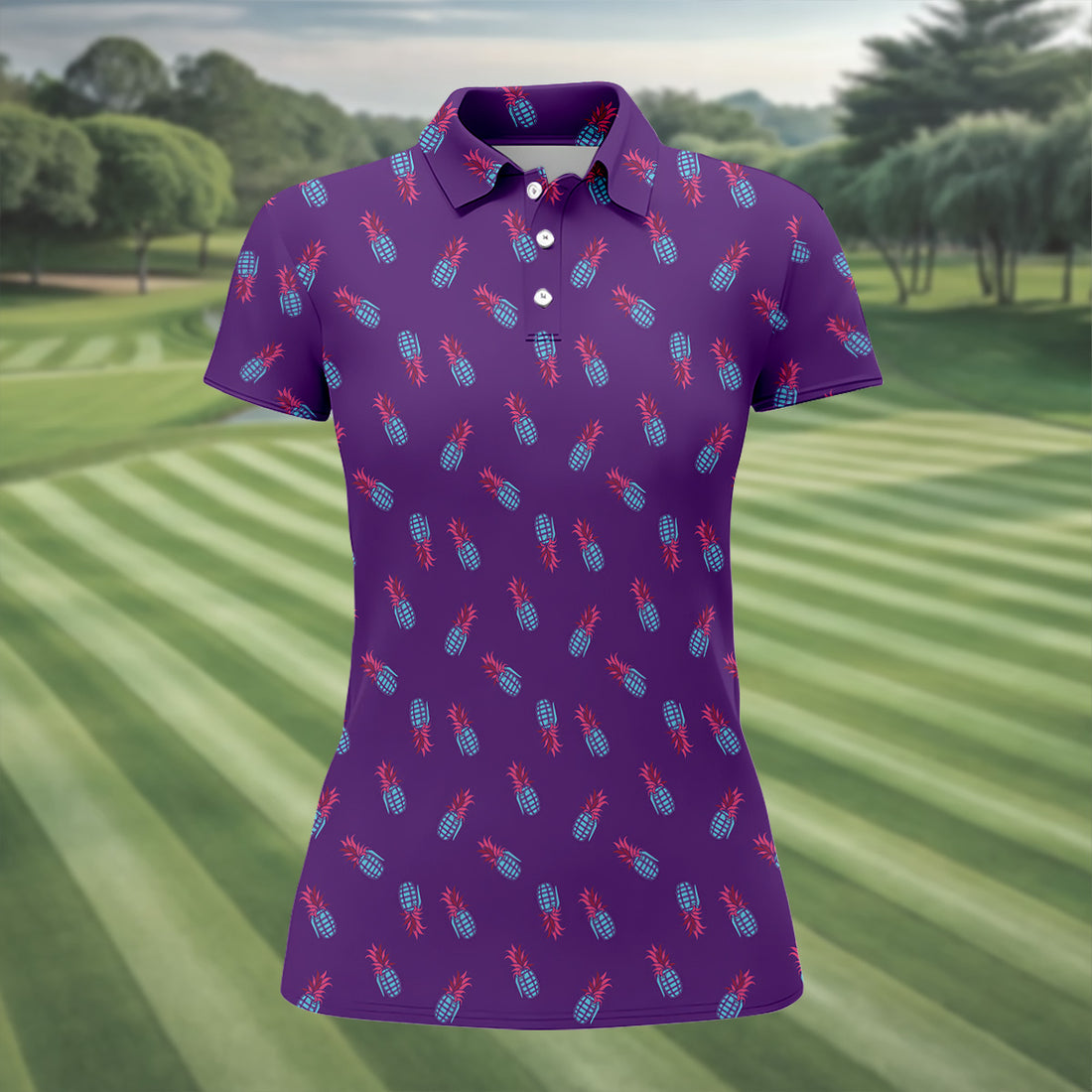 Pineapple Grenade Purple Women Golf Top, Cool Golf Gift, Ladies Golf Shirts, Golfing Apparel