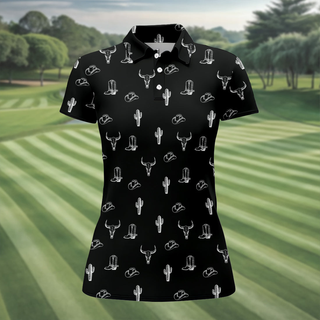 Wild West Cactus Black Western Golf Shirts Women, Unique Gift For Golfer, Ladies Golf Shirts
