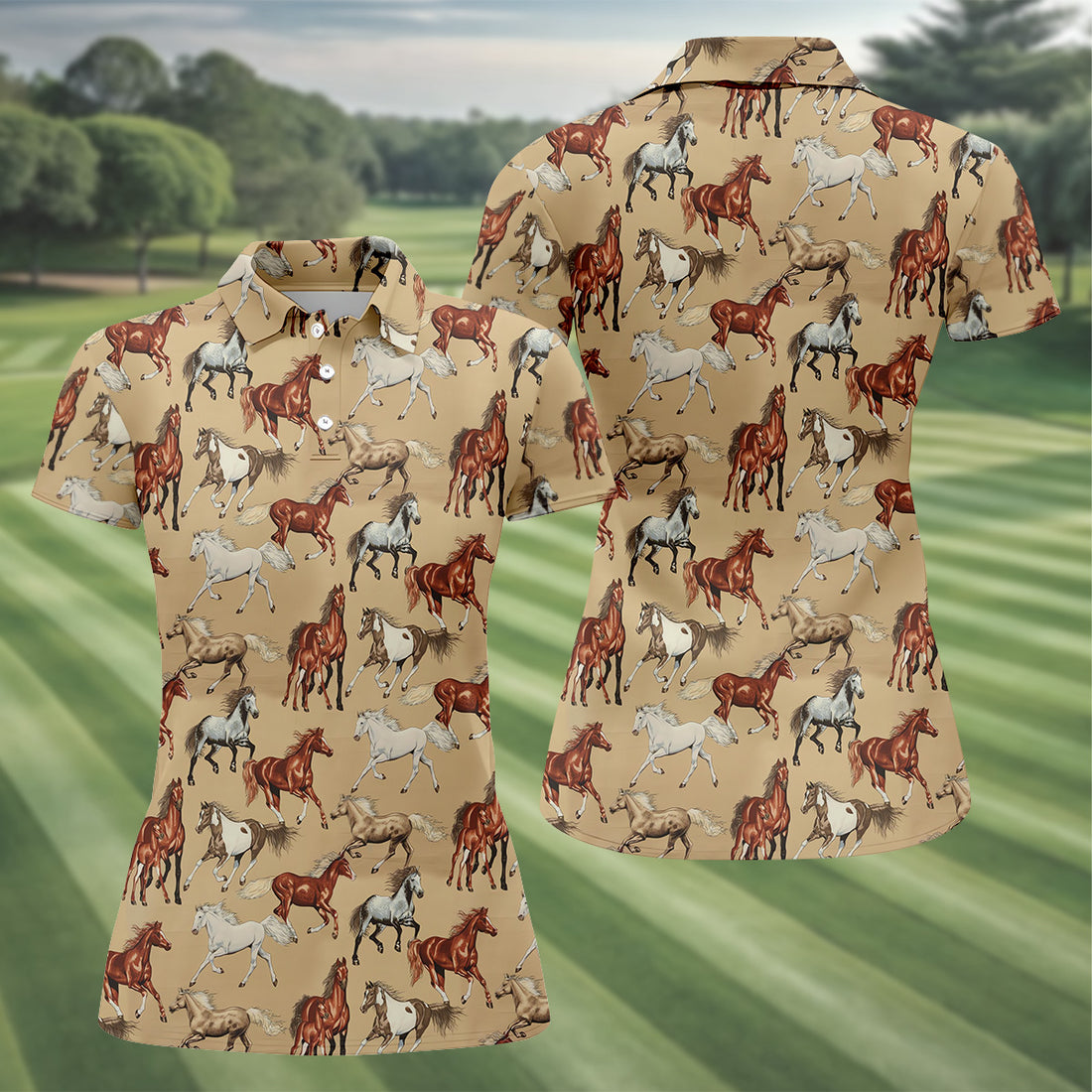 Wild Horse Seamless Pattern Women Golf Top, Golf Shirt For Women, Patterned Golf Shirts