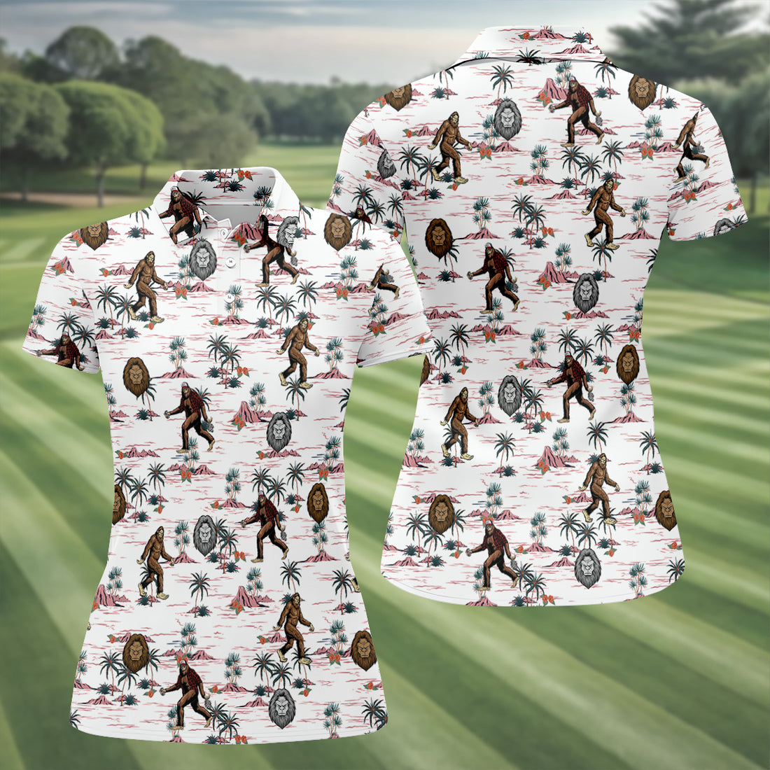 White Funny Sasquatch Tropical Golf Shirts, Funny Golf Shirts Women, Ladies Golf Shirts, Golfing Apparel