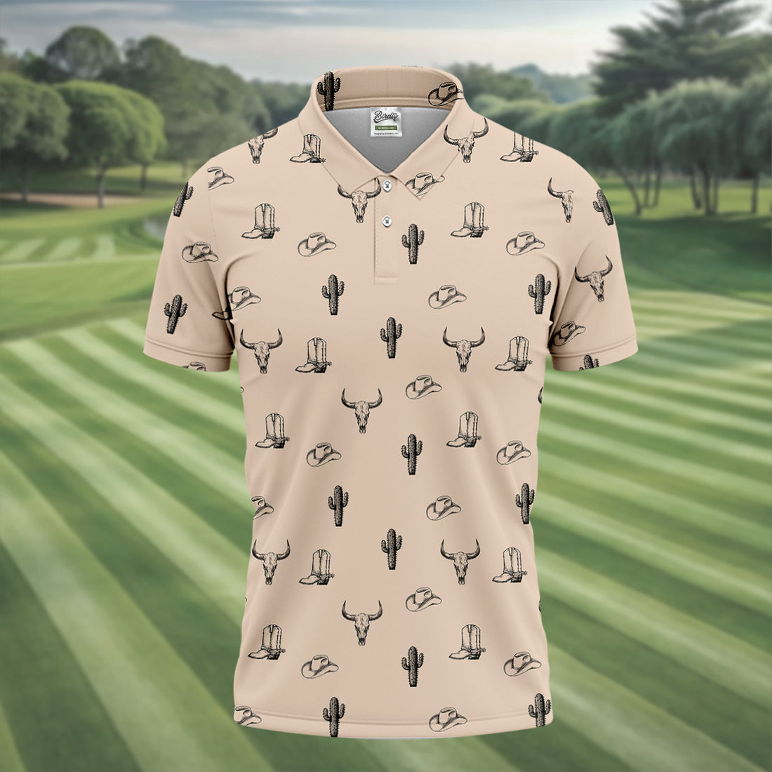 Wild West Cactus Light Brown Western Golf Shirt, Golf Tops For Men, Polo Shirts For Men, Golfing Apparel