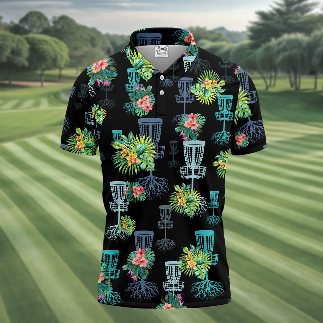 Tropical Floral Pattern Disc Golf Shirt, Black Golf Shirt, Polo Shirts For Men, Golf Gift For Men