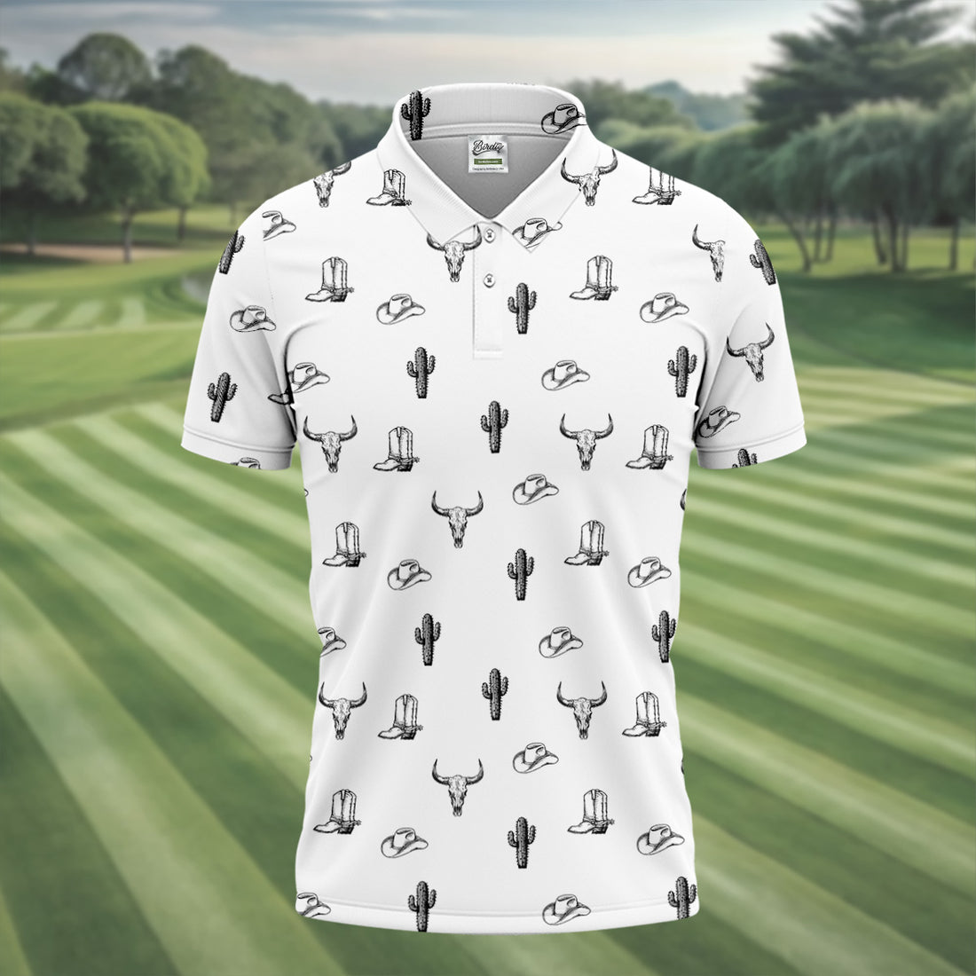 Wild West Cactus White Western Golf Shirt, Golf Tops For Men, Polo Shirts For Men, Golfing Apparel