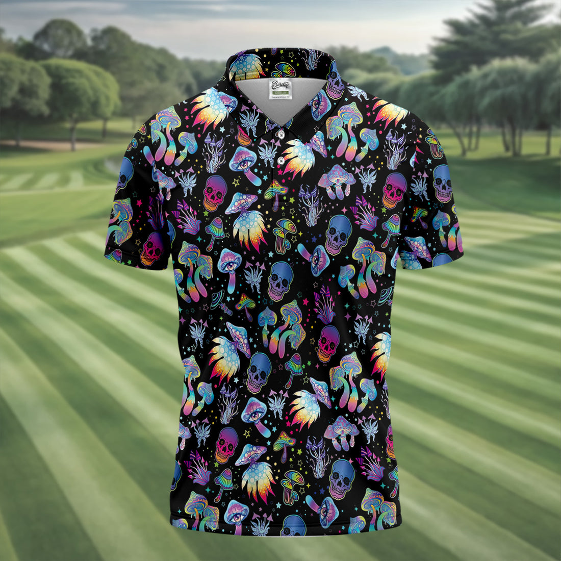Funny Neon Skull Alien Mushroom Golf Tops For Men, Halloween Polo Shirts, Polo Shirts For Men