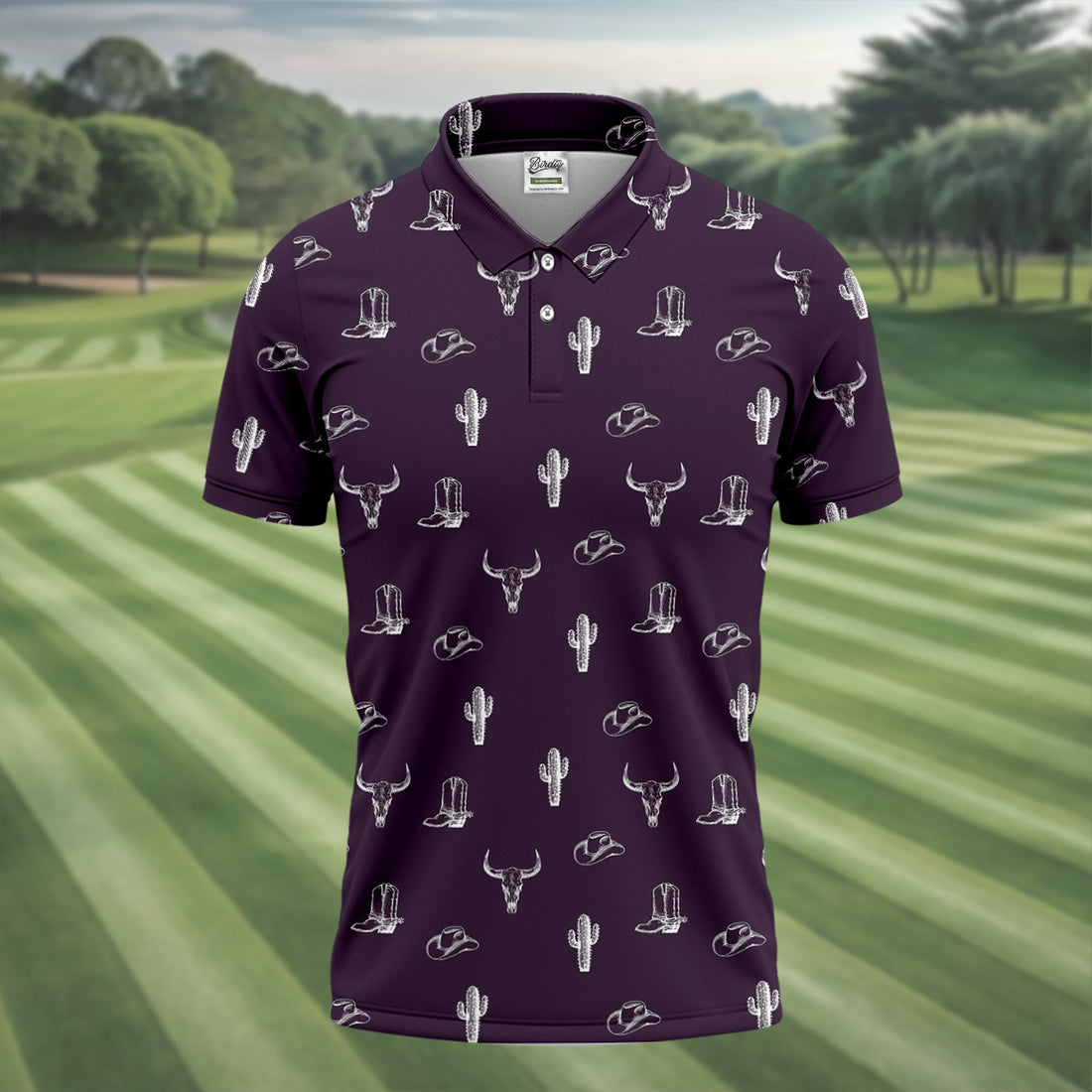 Wild West Cactus Purple Western Golf Shirt, Golf Tops For Men, Polo Shirts For Men, Golfing Apparel
