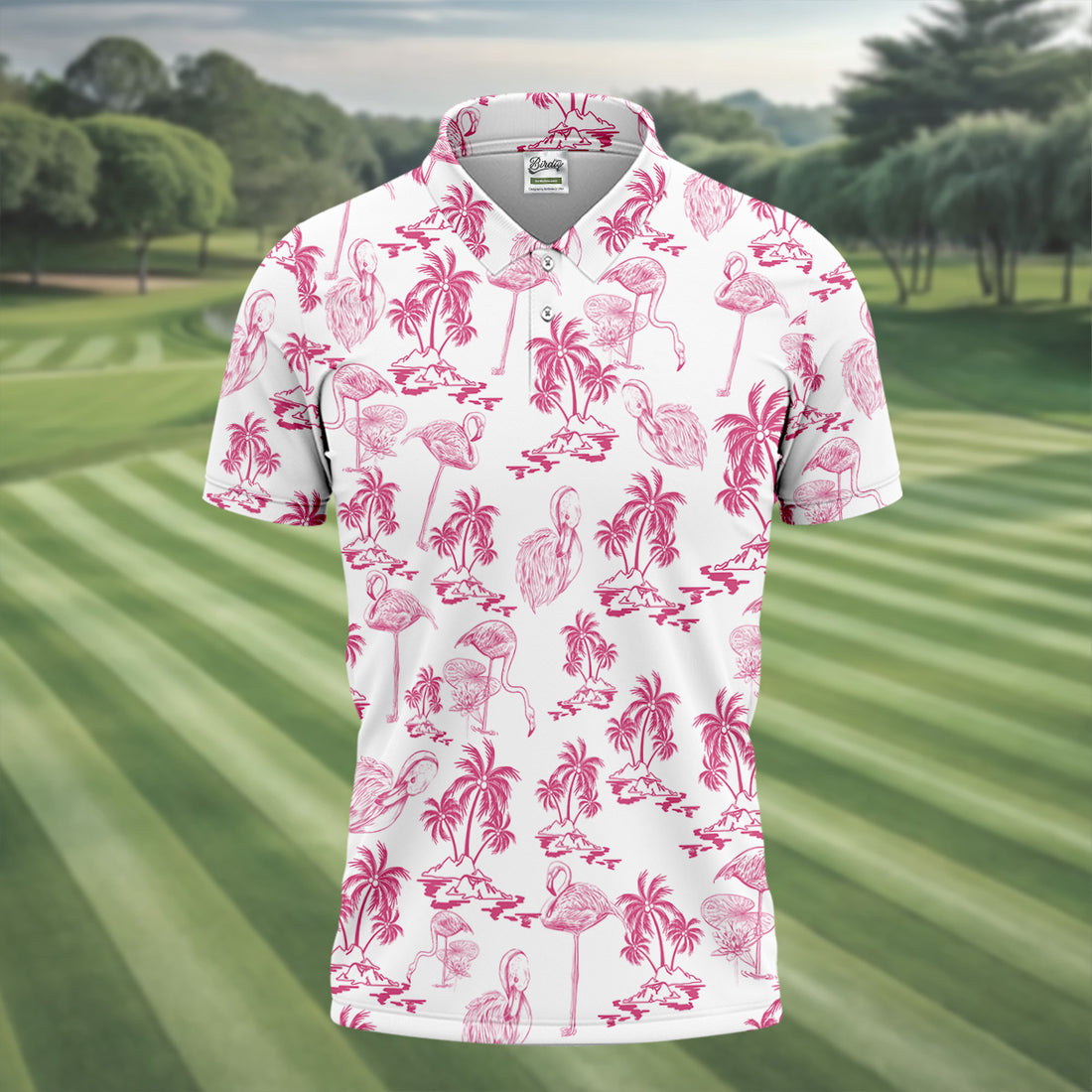 White And Pink Flamingo Tropical Men Polo, Polo Shirts For Men, Golf Gift For Men, Golfing Apparel