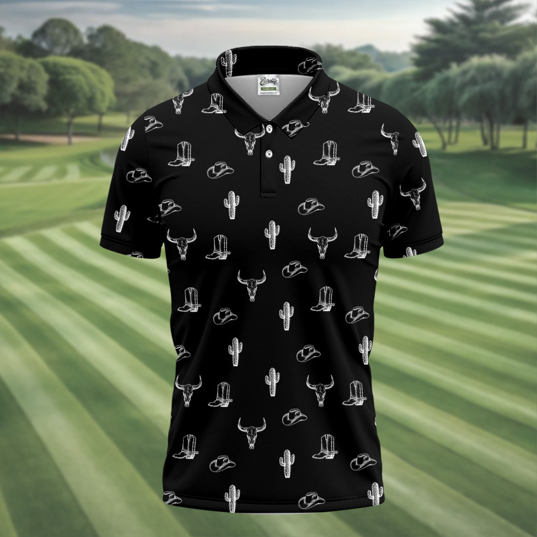 Wild West Cactus Black Western Golf Shirt, Golf Tops For Men, Polo Shirts For Men, Golfing Apparel