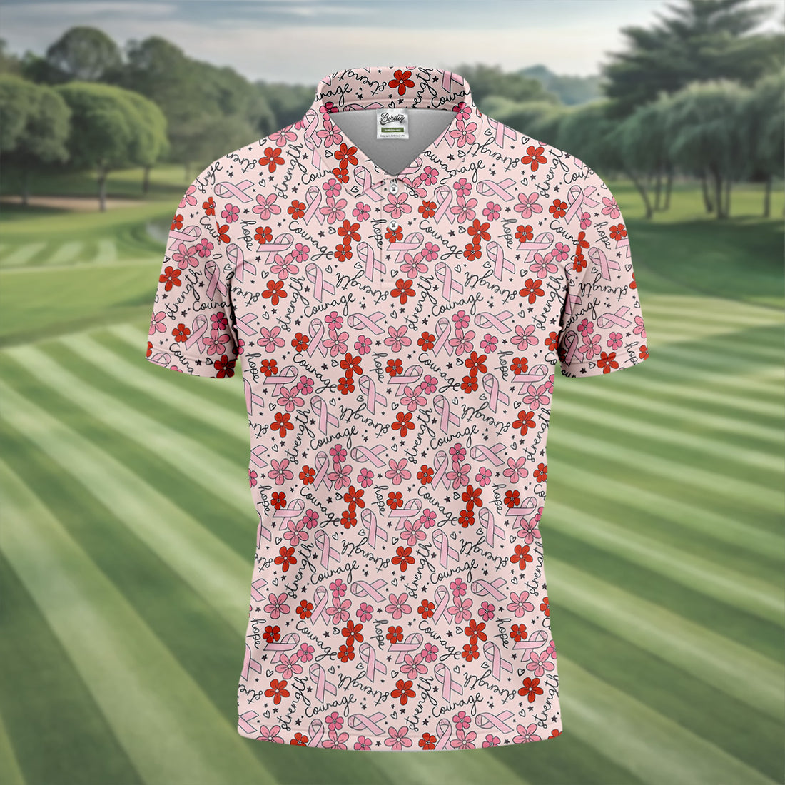 Breast Cancer Awareness Ribbon Flower Men Shirt, Men's Pink Golf Polo, Polo Shirts For Men