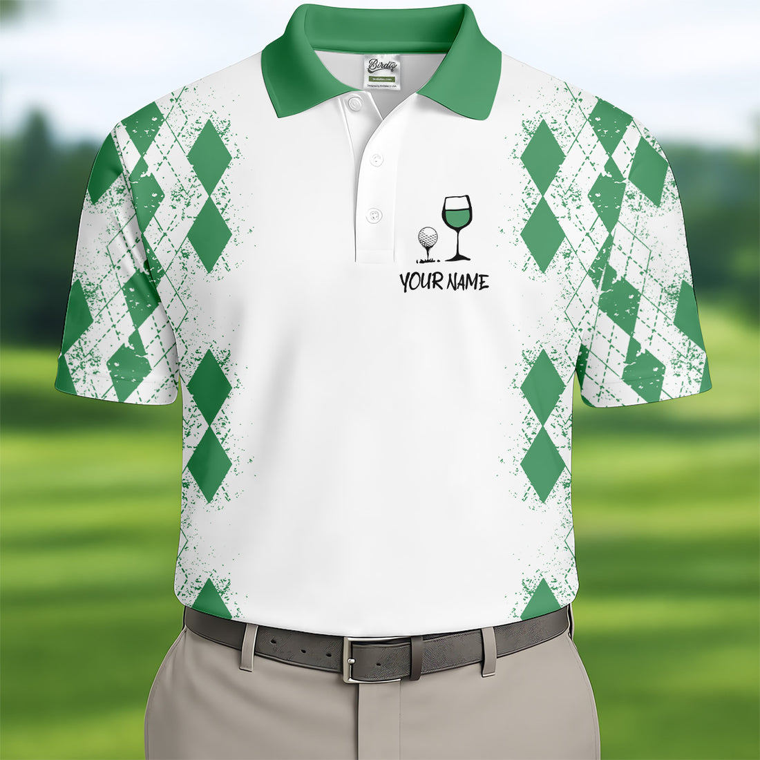 Swing Swear Drink Repeat Green Argyle Golf Shirt, Fun Golf Shirts For Men, Men's White Polo