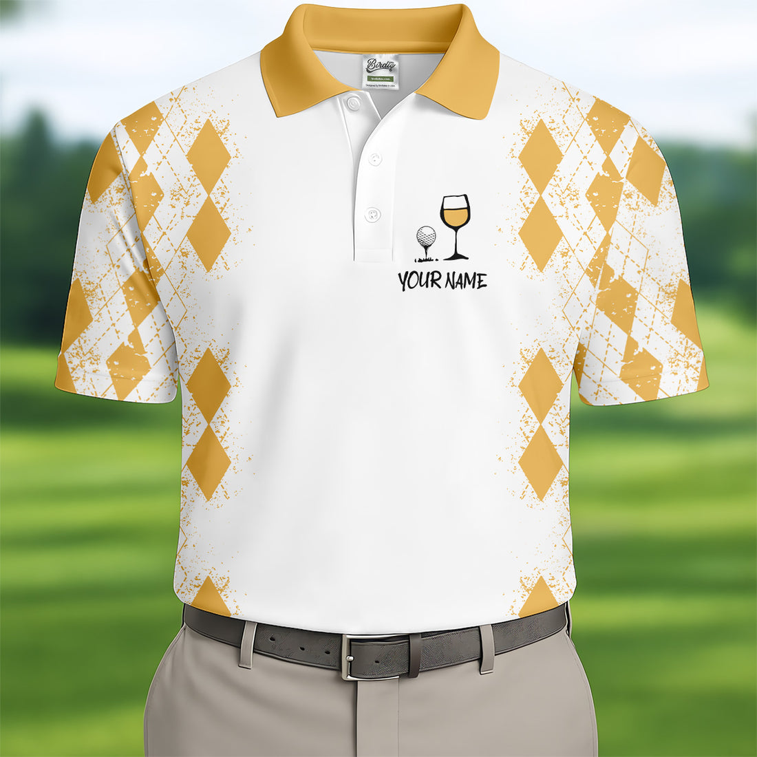 Swing Swear Drink Repeat Yellow Argyle Golf Shirt, Fun Golf Shirts For Men, Men's White Polo