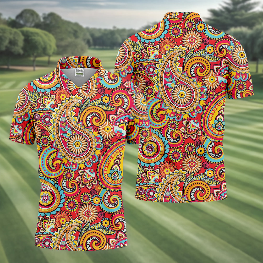 Red Paisley Seamless Pattern Golf Tops For Men, Hawaiian Golf Shirts, Long Sleeve Polo