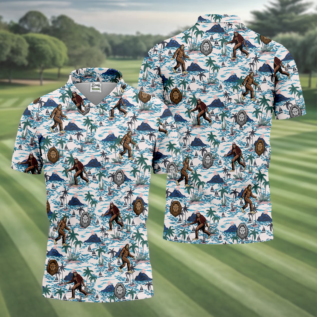 Funny Bigfoot Tropical Golf Shirts, Men's Funny Golf Shirts, Golfing Apparel, Polo For Men