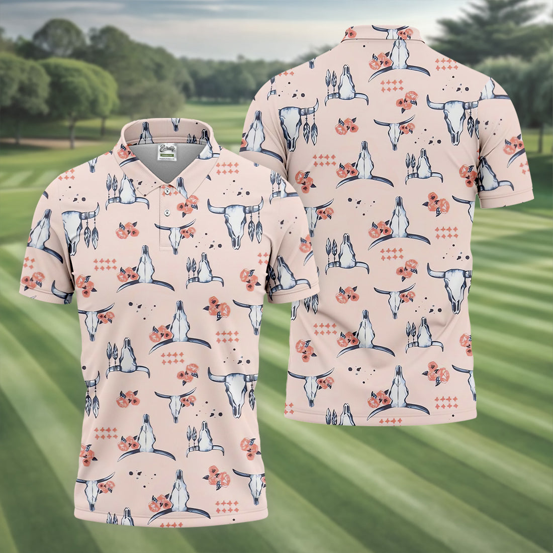 Boho Buffalo Skull Seamless Pattern Golf Tops For Men, Hawaiian Golf Shirts, Polo For Men