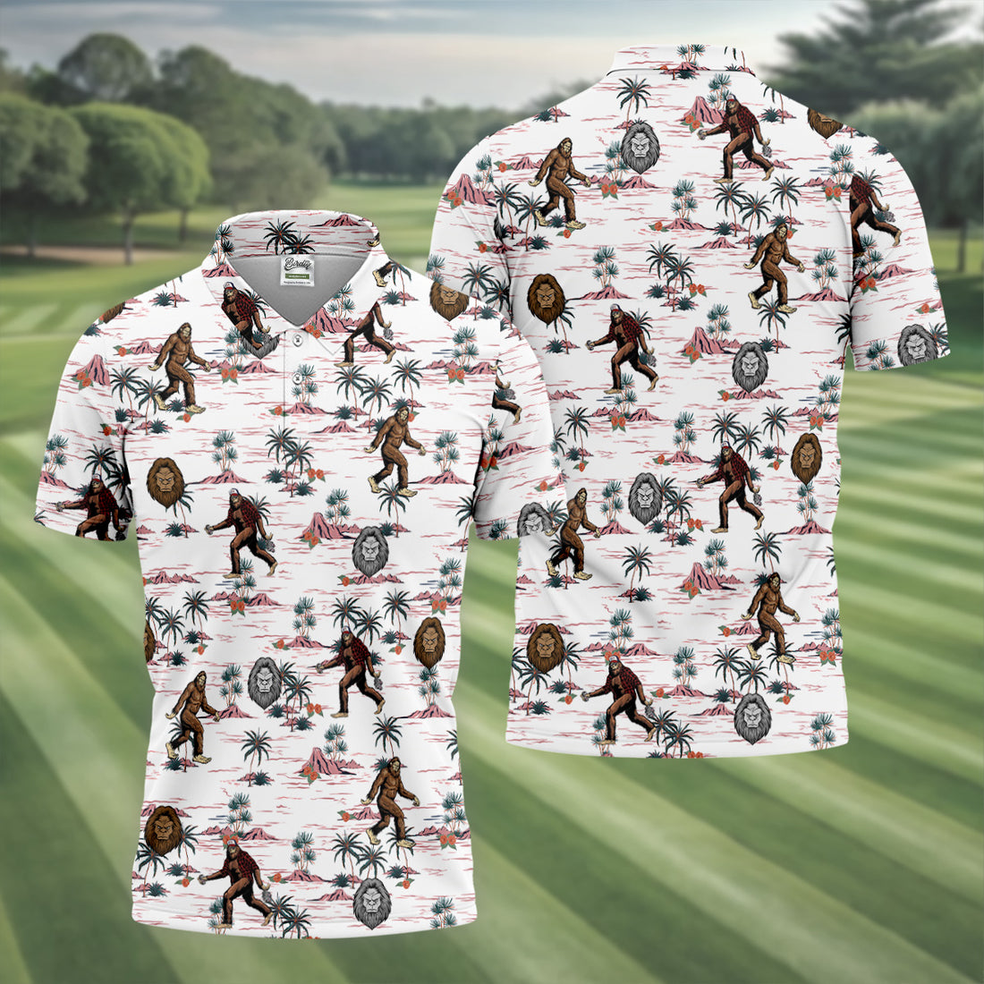 White Funny Sasquatch Tropical Golf Shirts, Fun Men's Golf Polos, Hawaiian Golf Shirts, Golfing Apparel