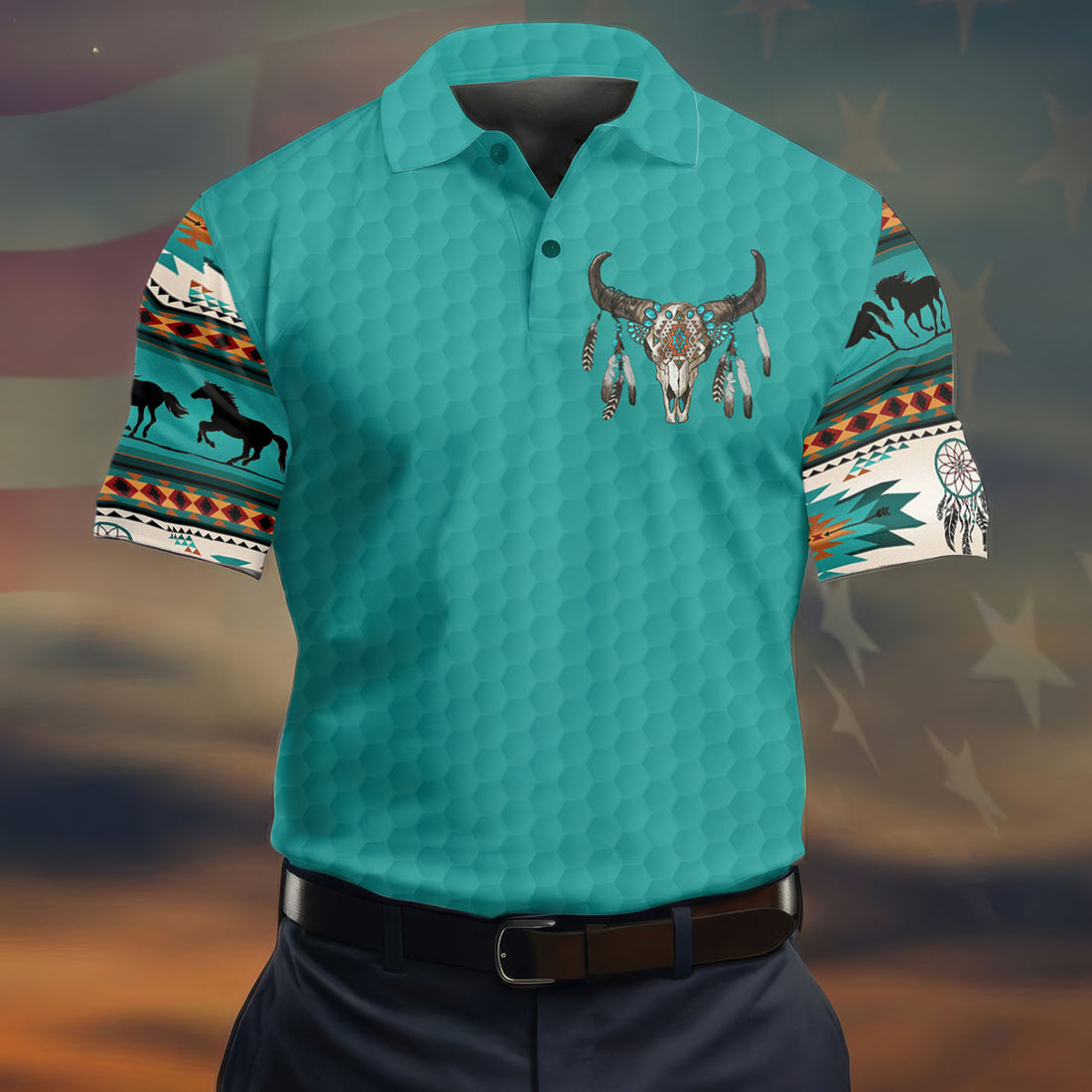 Turquoise Southwestern Bull Skull Golf Polo Shirt, Printed Golf Shirts, Golf Shirts For Men