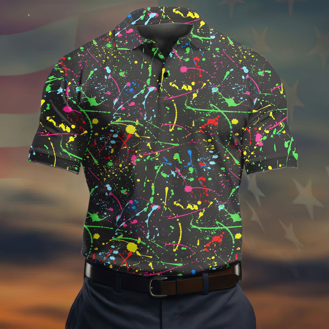 Neon Paint Splatter Pattern Hawaiian Golf Shirt, Golf Shirts For Men, Polo Shirts For Men
