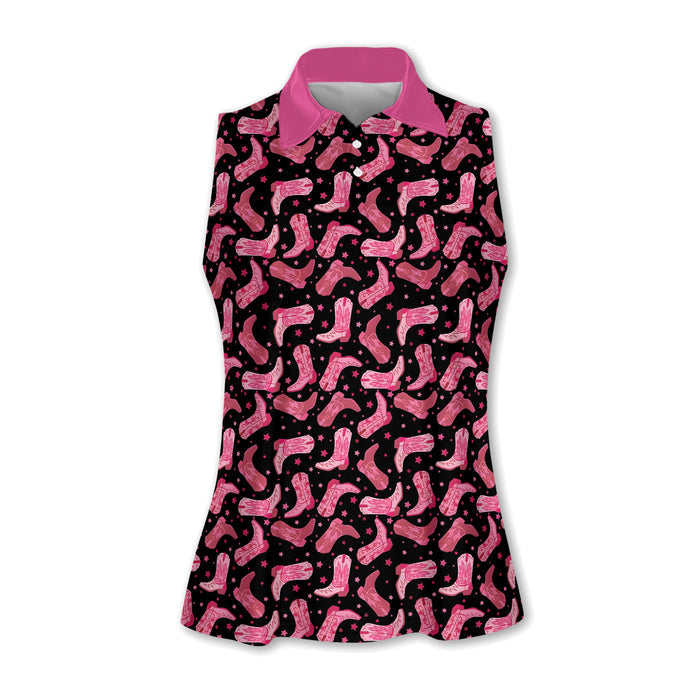 Cowgirl Black And Pink Womens Golf Polo Shirts, Western Golf Shirts Women, Patterned Golf Shirts