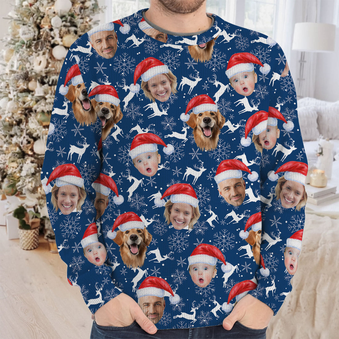 Custom Face Reindeer Pattern Navy Golf Ugly Sweater, Golf Ugly Christmas Sweater, Christmas Golf Shirt