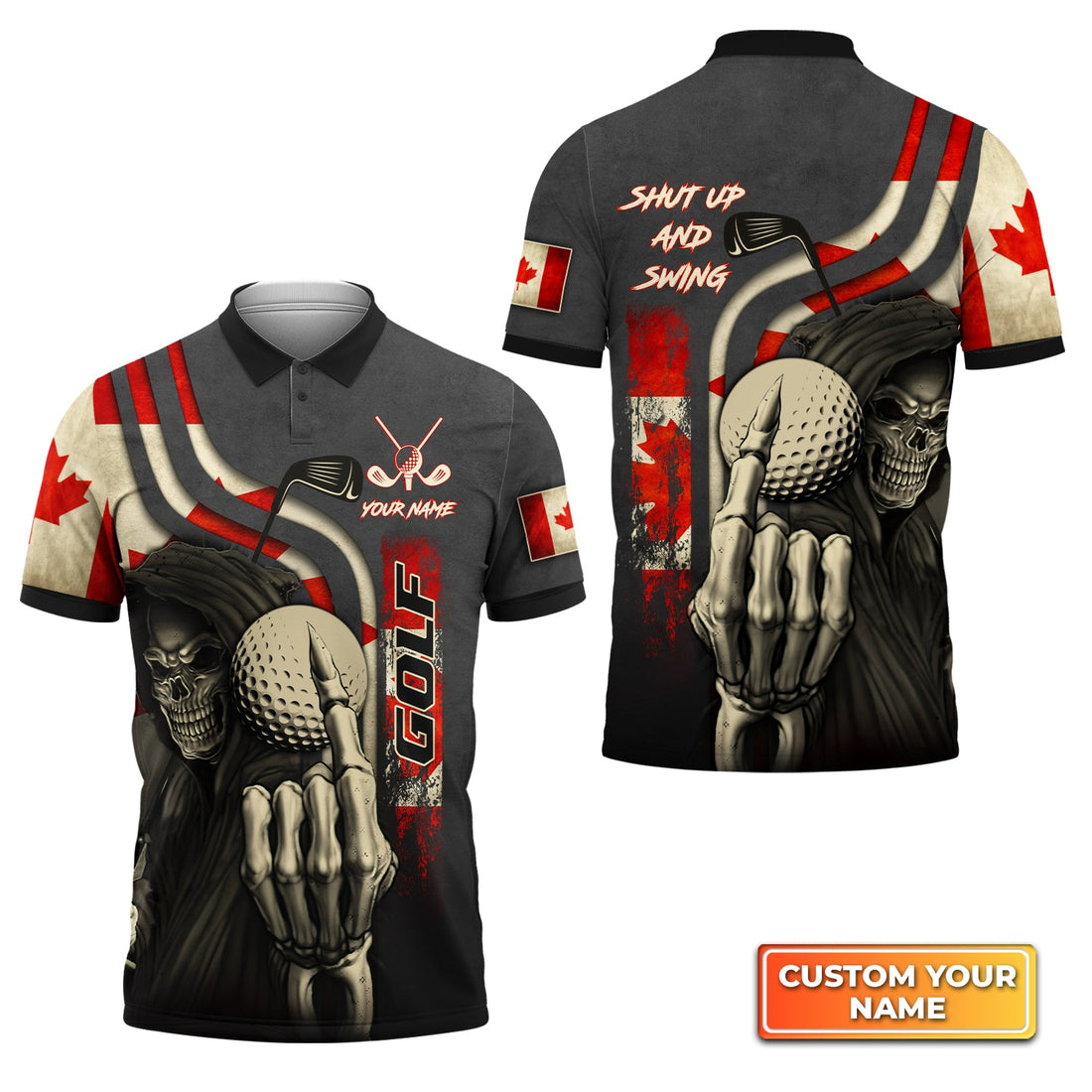 Canada Flag Skull Golf Shut Up And Swing - Personalized Name 3D Polo Shirt Gift For Golfers