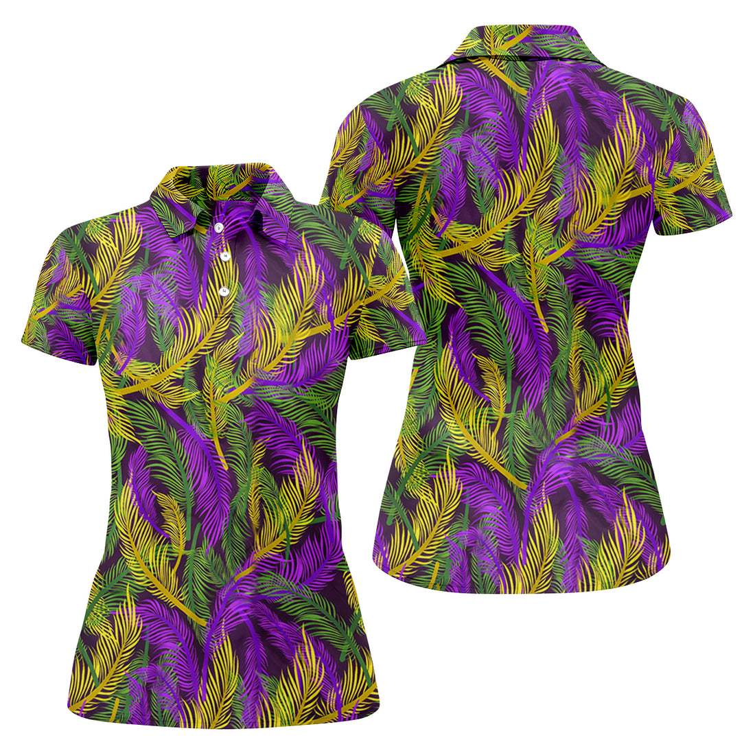 Purple Green Gold Feather Pattern Mardi Gras Golf Shirt, Golf Shirt For Women, Ladies Golf Polos
