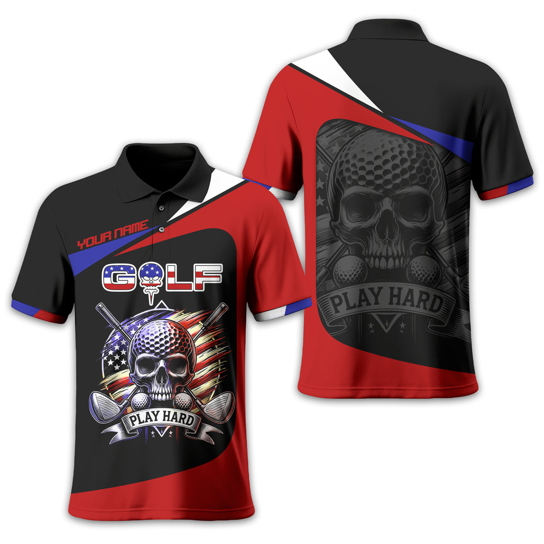 Skull And Flag Golf Shirt For Men, Personalized Golf Shirt, Patriotic Golf Shirt, Gift For Golfers