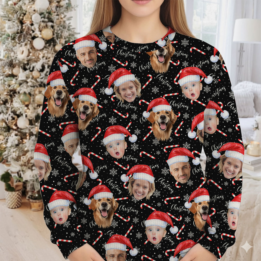 Custom Face Candy Cane Christmas Black Golf Ugly Sweater, Christmas Golf Shirt, Golf Sweater, Christmas Golf Gift