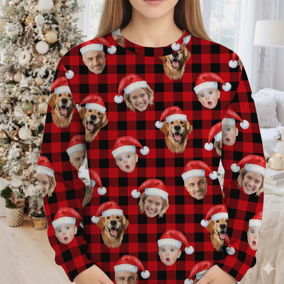 Custom Face Black And Red Checkered Golf Ugly Sweater, Christmas Golf Shirt, Golf Sweater, Christmas Golf Gift