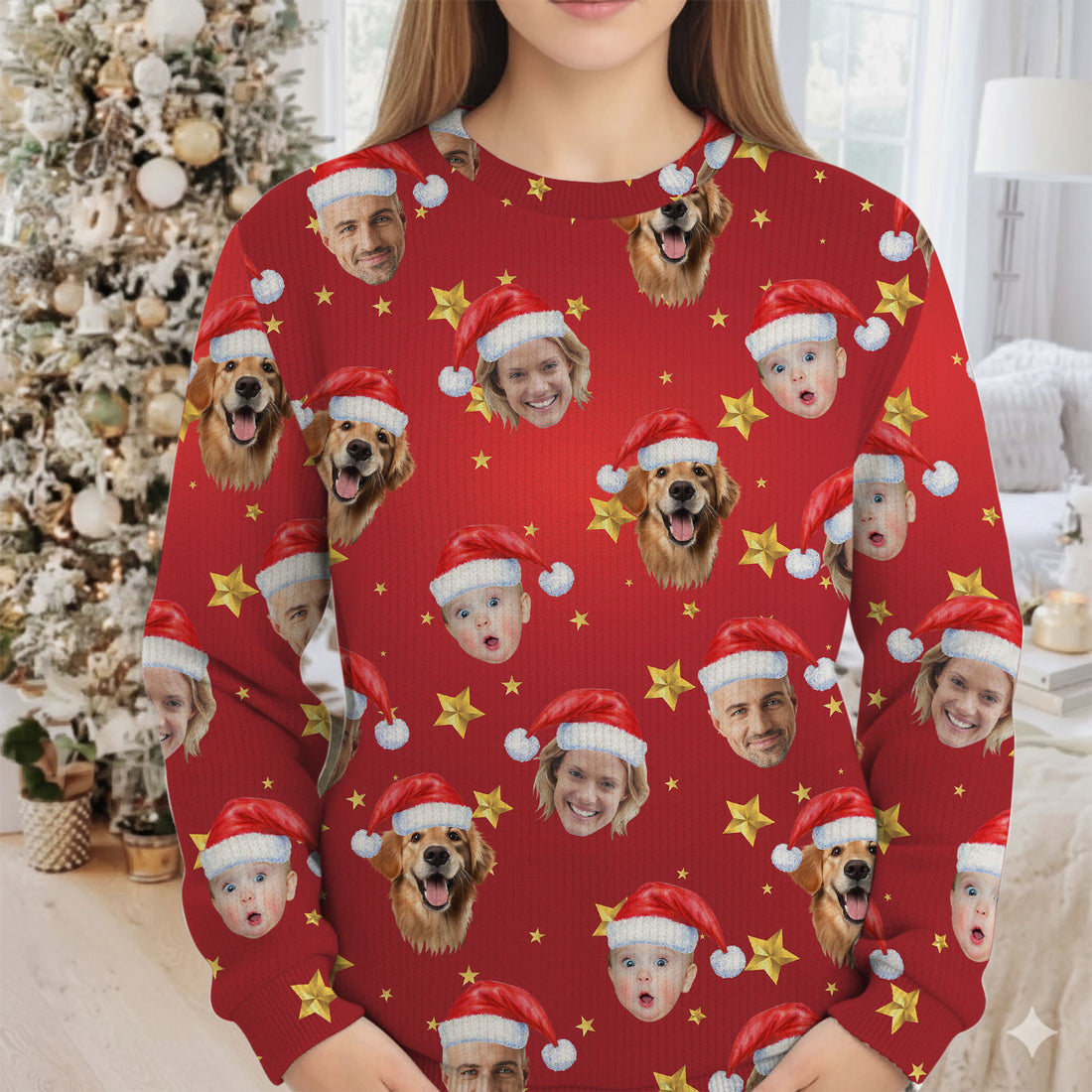 Custom Face Xmas Star Red Golf Ugly Sweater, Christmas Golf Shirt, Golf Sweater, Christmas Golf Gift