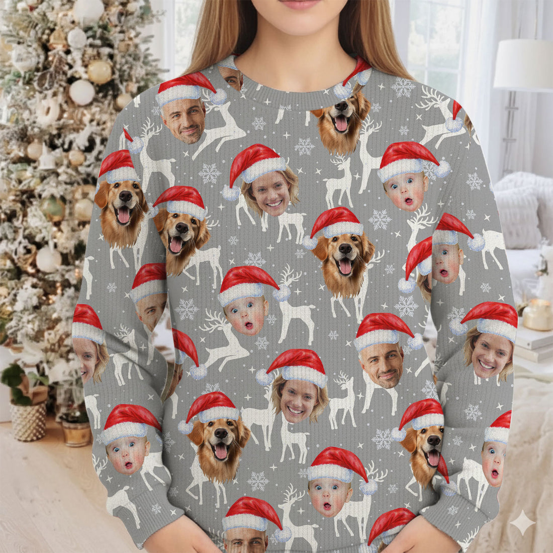 Custom Face Snow Reindeer Grey Golf Ugly Sweater, Christmas Golf Shirt, Golf Sweater, Christmas Golf Gift