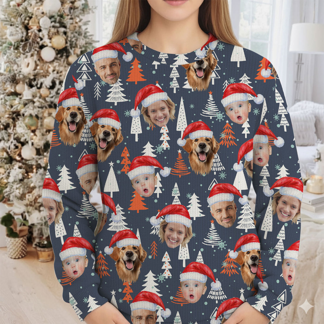 Custom Face White And Orange Xmas Pine Tree Golf Ugly Sweater, Christmas Golf Shirt, Golf Sweater