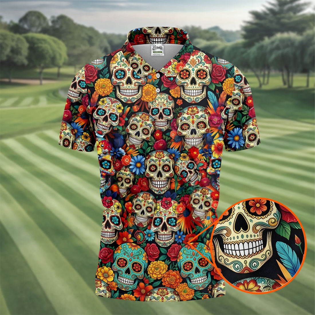 Sugar Skulls Cinco De Mayo Celebration Fiesta Golf Polo For Men, Floral Pattern Golf Shirts For Men