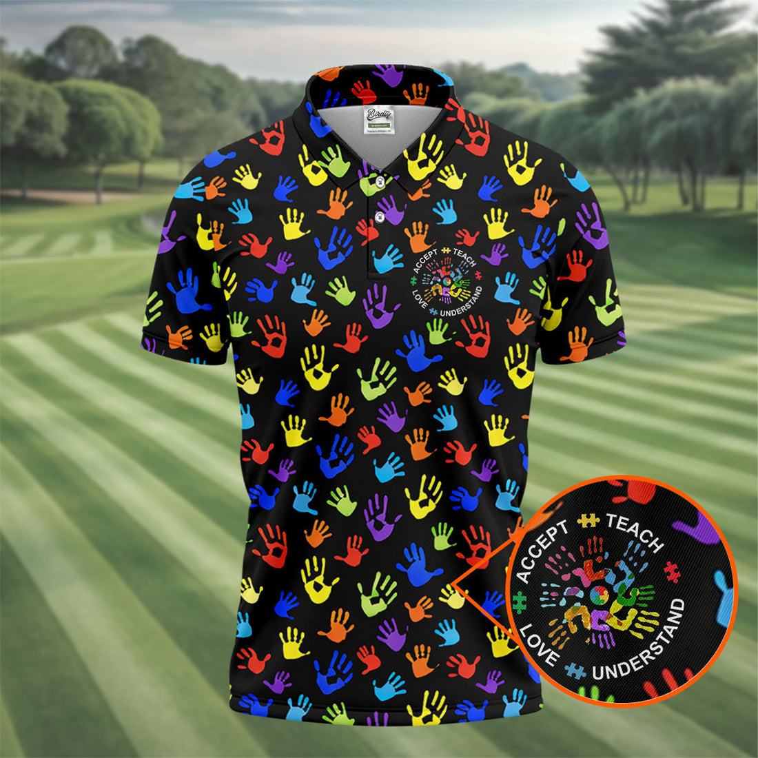 Accept Teach Understand Love Autism Awareness Colorful Handprint Black Golf Shirt, Golf Shirts For Men