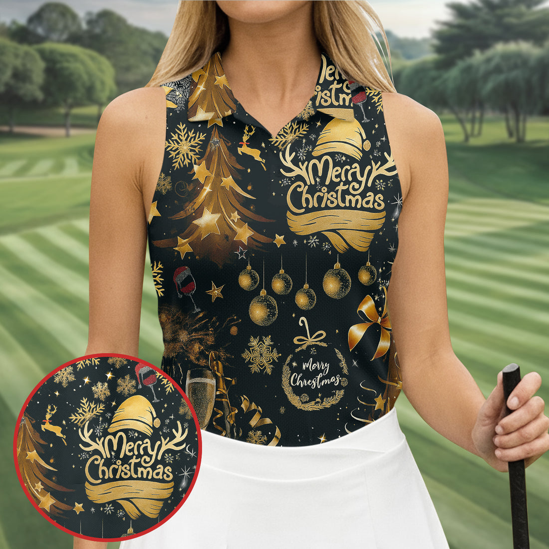Champagne Golden Merry Christmas Women Golf Top, Christmas Golf Shirt, Ladies Golf Tops